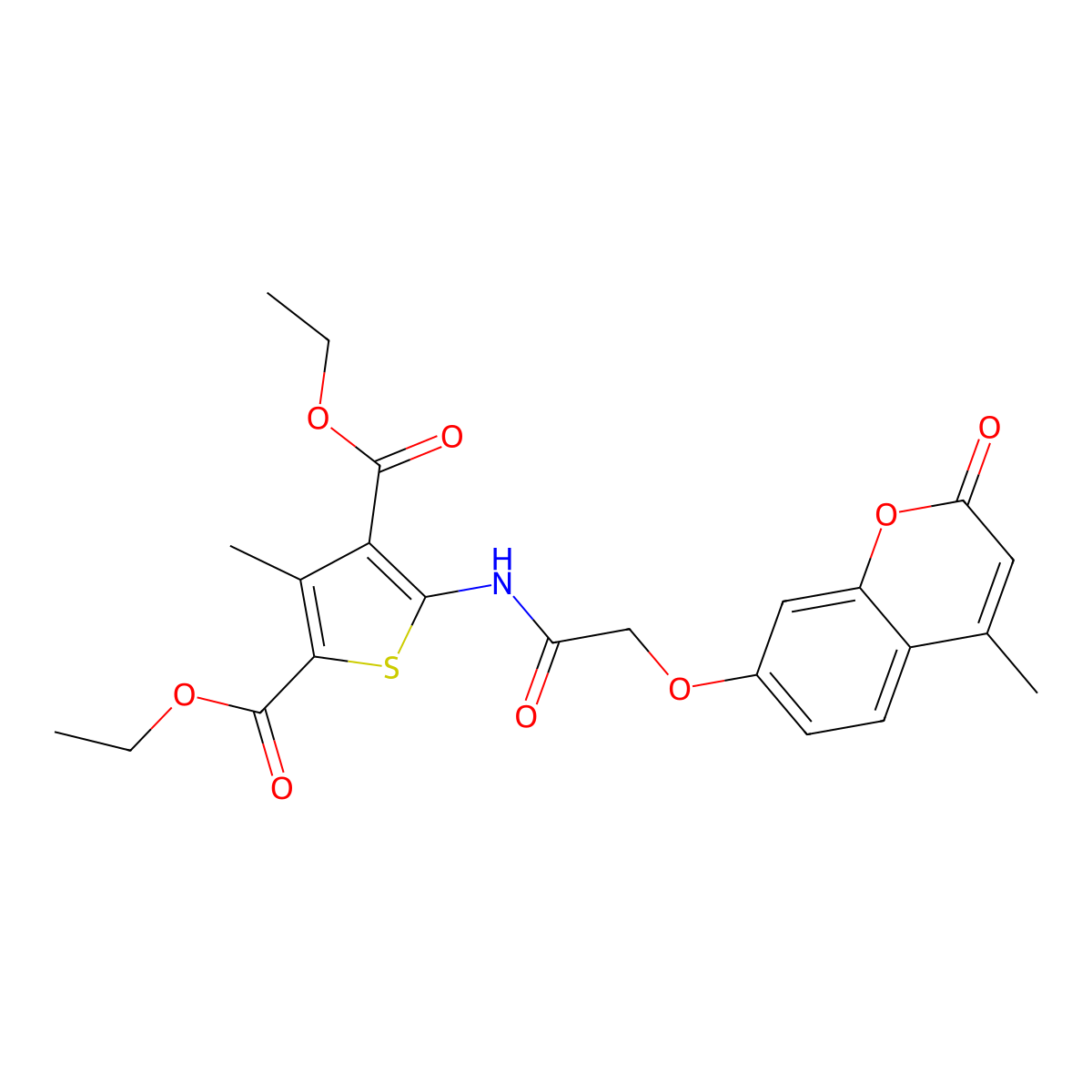 2,4-diethyl 3-methyl-5-{2-[(4-methyl-2-oxo-2H-chromen-7-yl)oxy]acetamido}thiophene-2,4-dicarboxylate molecular structure, CAS 300828-64-2