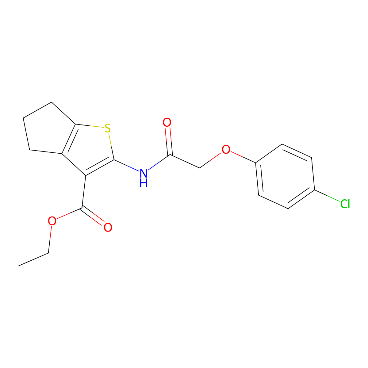 ethyl 2-[2-(4-chlorophenoxy)acetamido]-4H,5H,6H-cyclopenta[b]thiophene-3-carboxylate molecular structure, CAS 300828-76-6