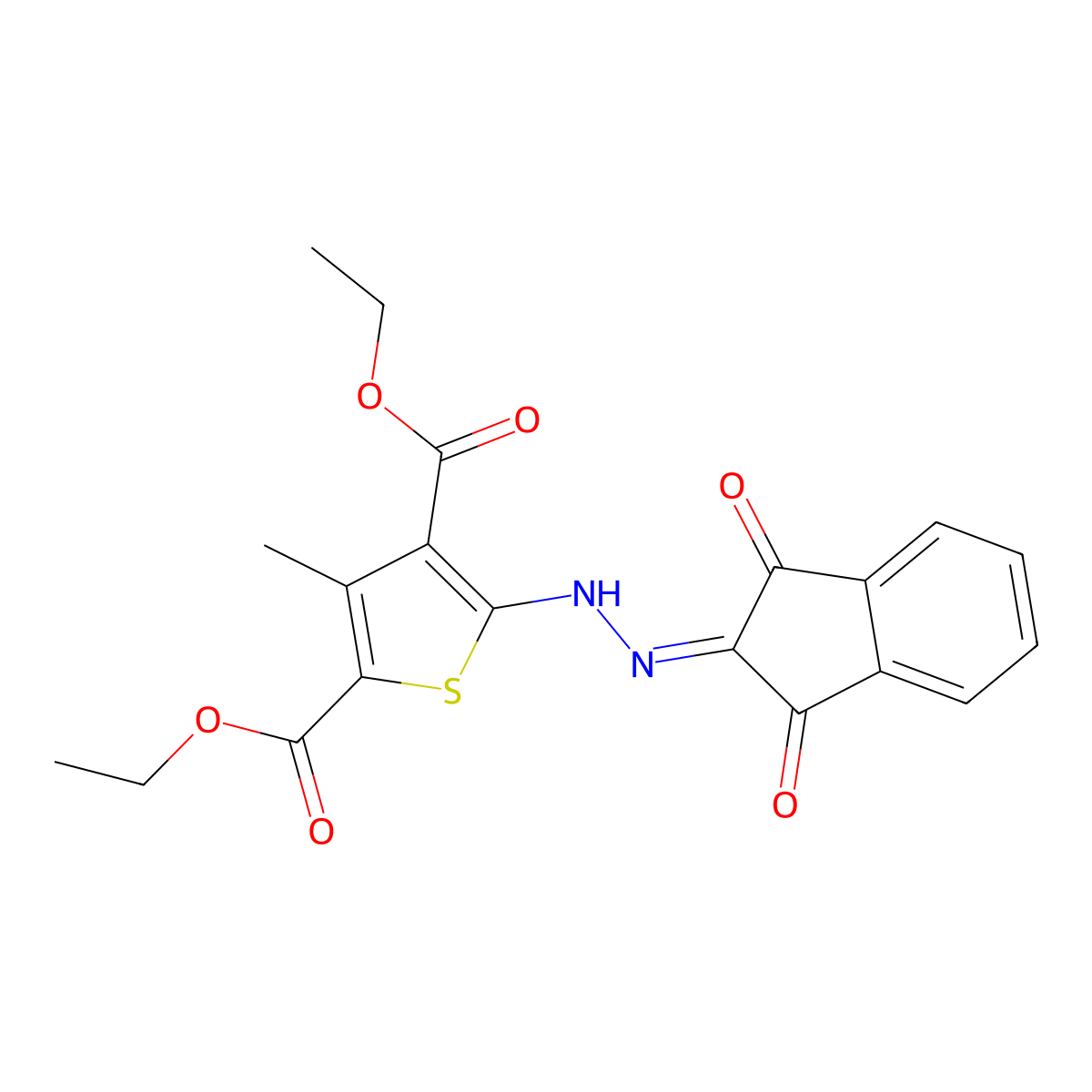 Diethyl 5-[2-(1,3-dioxoinden-2-ylidene)hydrazinyl]-3-methylthiophene-2,4-dicarboxylate molecular structure, CAS 300829-53-2