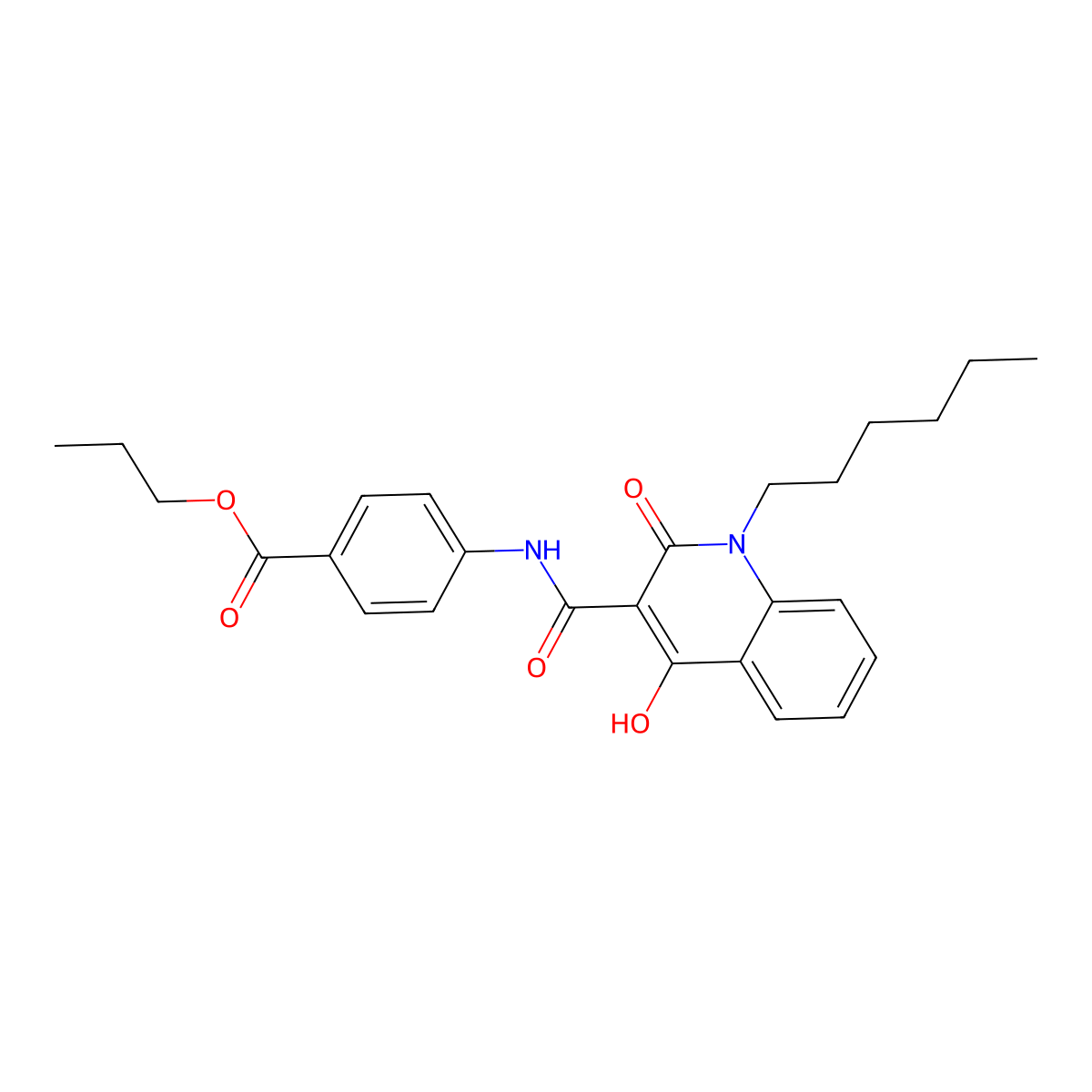 Propyl 4-(1-hexyl-4-hydroxy-2-oxo-1,2-dihydroquinoline-3-carboxamido)benzoate molecular structure, CAS 300833-95-8