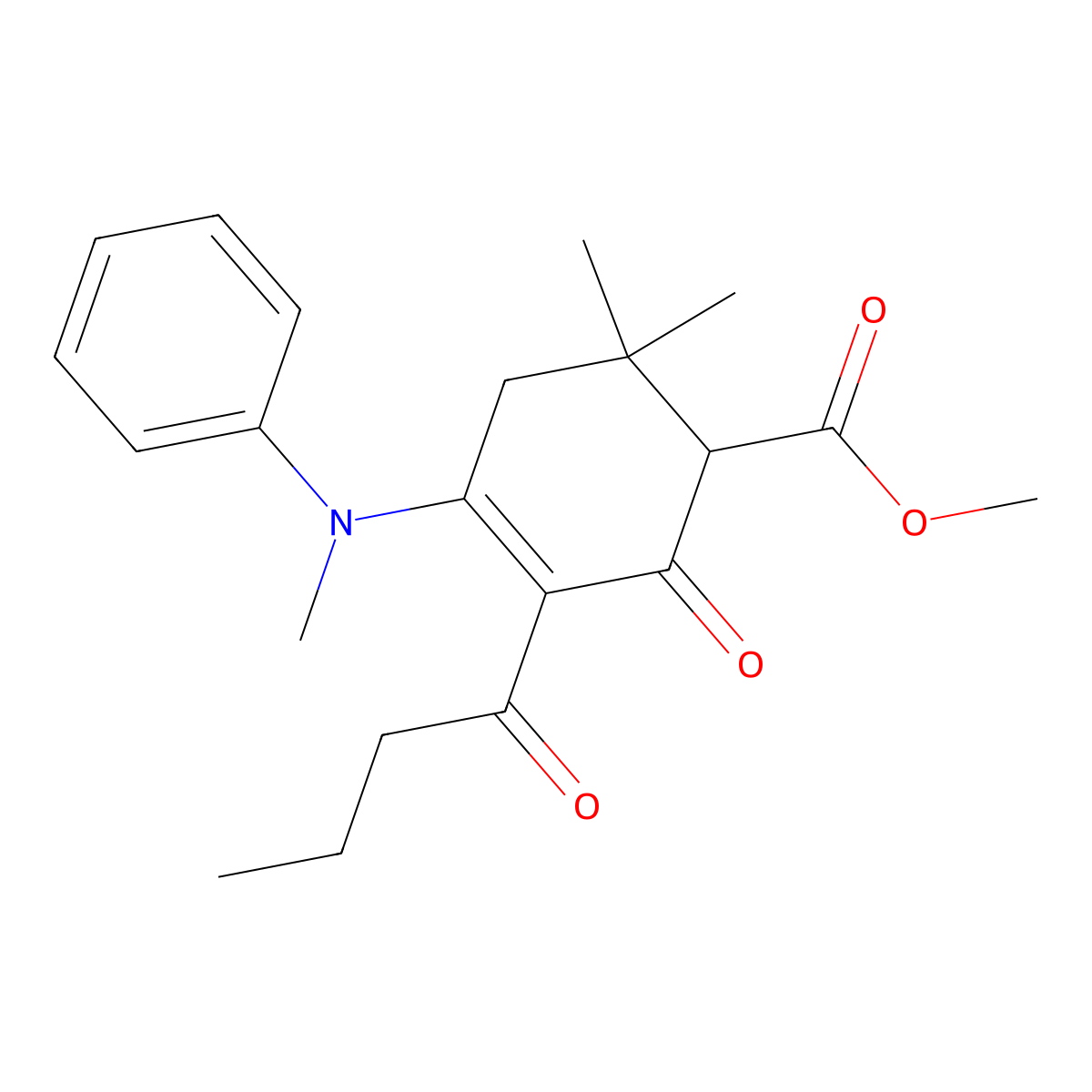 Methyl 3-butyryl-6,6-dimethyl-4-(methyl(phenyl)amino)-2-oxocyclohex-3-enecarboxylate molecular structure, CAS 300834-01-9
