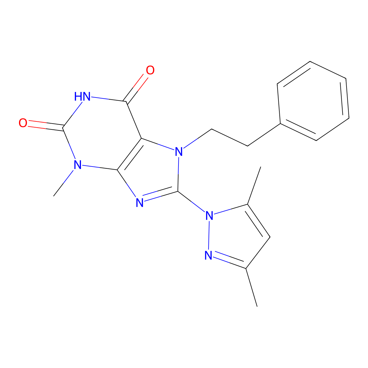 8-(3,5-Dimethyl-pyrazol-1-yl)-3-methyl-7-phenethyl-3,7-dihydro-purine-2,6-dione molecular structure, CAS 300834-33-7