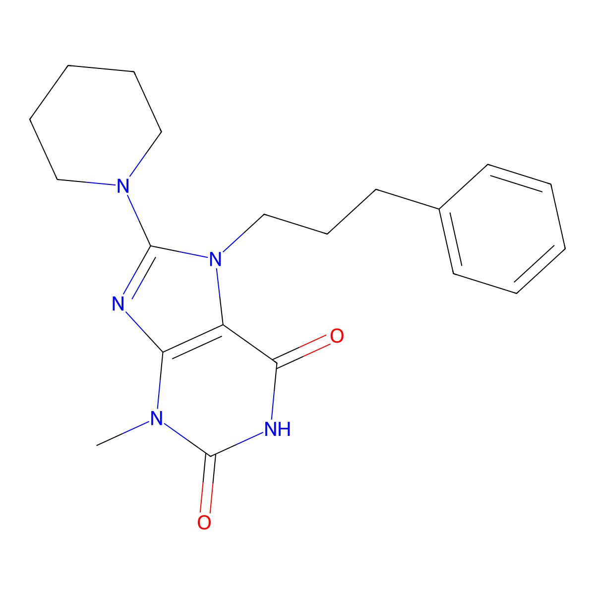 3-methyl-7-(3-phenylpropyl)-8-(piperidin-1-yl)-1H-purine-2,6(3H,7H)-dione molecular structure, CAS 300834-75-7