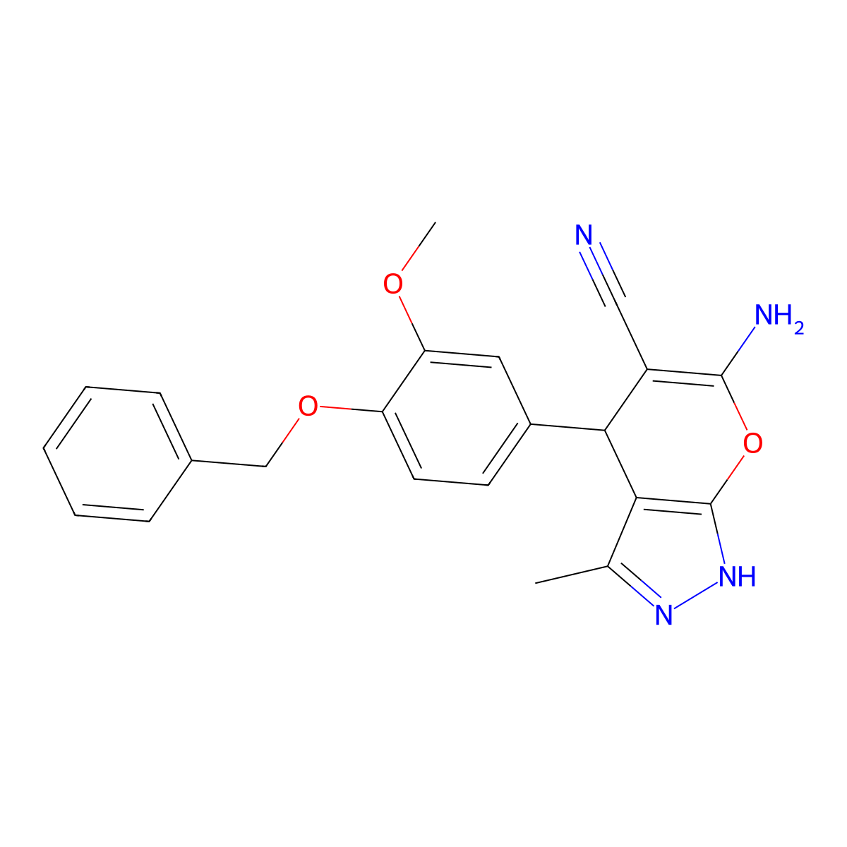 6-Amino-4-(3-methoxy-4-phenylmethoxyphenyl)-3-methyl-2,4-dihydropyrano[2,3-c]pyrazole-5-carbonitrile molecular structure, CAS 300835-34-1