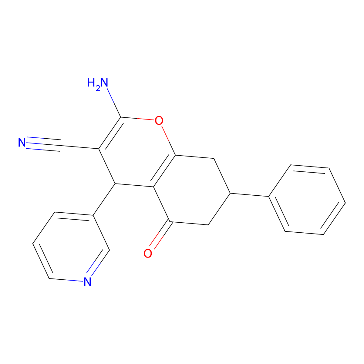 2-Amino-5-oxo-7-phenyl-4-pyridin-3-yl-4,6,7,8-tetrahydrochromene-3-carbonitrile molecular structure, CAS 300836-03-7