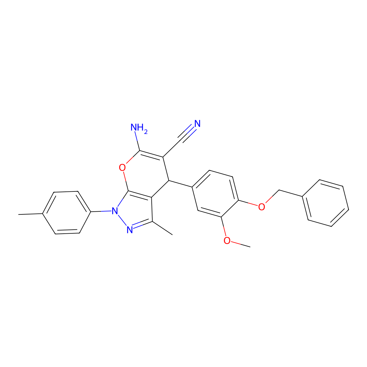6-Amino-4-[4-(benzyloxy)-3-methoxyphenyl]-3-methyl-1-(4-methylphenyl)-1,4-dihydropyrano[2,3-c]pyrazole-5-carbonitrile molecular structure, CAS 300836-51-5