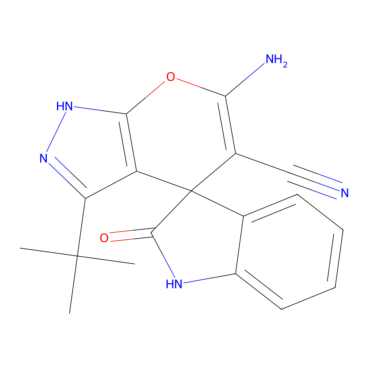 6-amino-3-(tert-butyl)-11-oxospiro[4H-pyrano[2,3-c]pyrazole-4,3'-indoline]-5-c arbonitrile molecular structure, CAS 300837-93-8