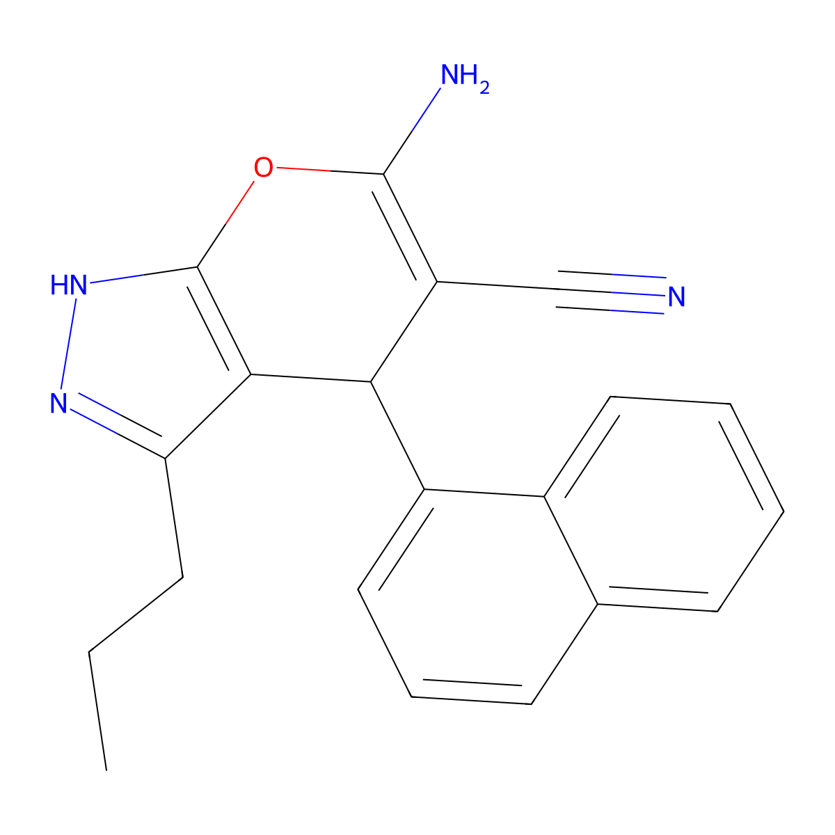 6-Amino-4-(1-naphthyl)-3-propyl-1,4-dihydropyrano[2,3-c]pyrazole-5-carbonitrile molecular structure, CAS 300838-91-9