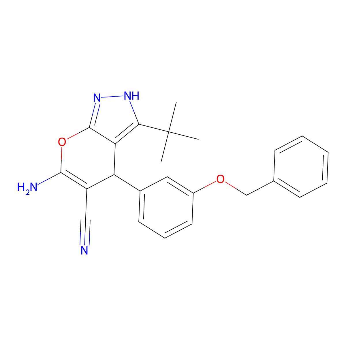 6-Amino-3-tert-butyl-4-(3-phenylmethoxyphenyl)-2,4-dihydropyrano[2,3-c]pyrazole-5-carbonitrile molecular structure, CAS 300839-11-6