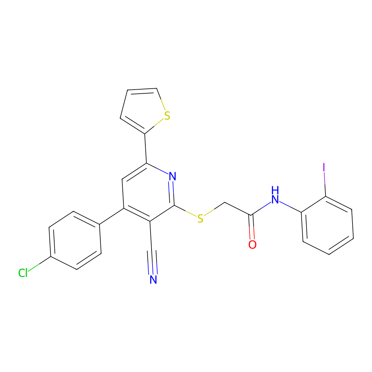 2-[4-(4-chlorophenyl)-3-cyano-6-thiophen-2-ylpyridin-2-yl]sulfanyl-N-(2-iodophenyl)acetamide molecular structure, CAS 300844-16-0