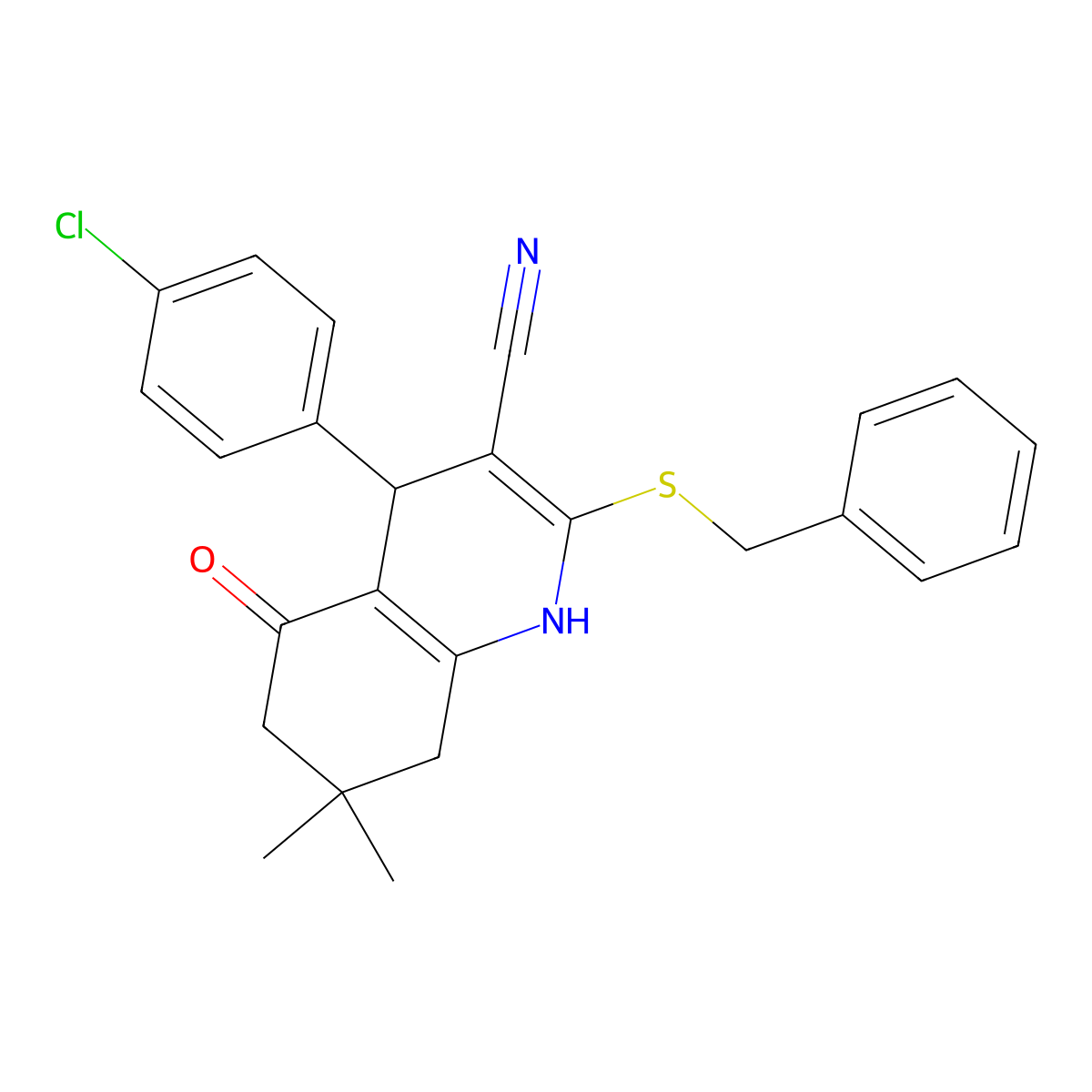 2-(Benzylsulfanyl)-4-(4-chlorophenyl)-7,7-dimethyl-5-oxo-1,4,5,6,7,8-hexahydroquinoline-3-carbonitrile molecular structure, CAS 300859-95-4
