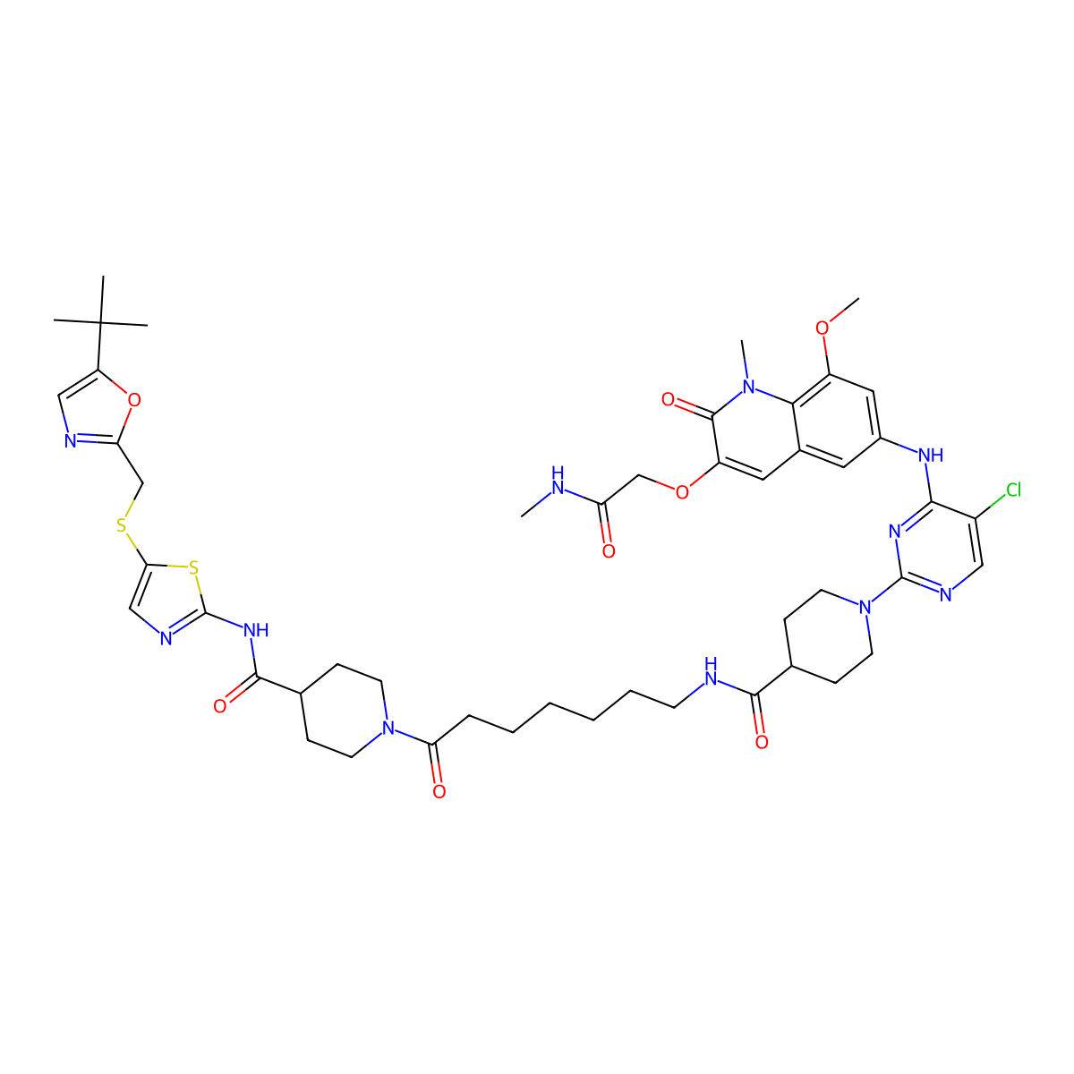 N-[7-[4-[[5-[(5-tert-butyl-1,3-oxazol-2-yl)methylsulfanyl]-1,3-thiazol-2-yl]carbamoyl]piperidin-1-yl]-7-oxoheptyl]-1-[5-chloro-4-[[8-methoxy-1-methyl-3-[2-(methylamino)-2-oxoethoxy]-2-oxoquinolin-6-yl]amino]pyrimidin-2-yl]piperidine-4-carboxamide molecular structure, CAS 3008612-35-6