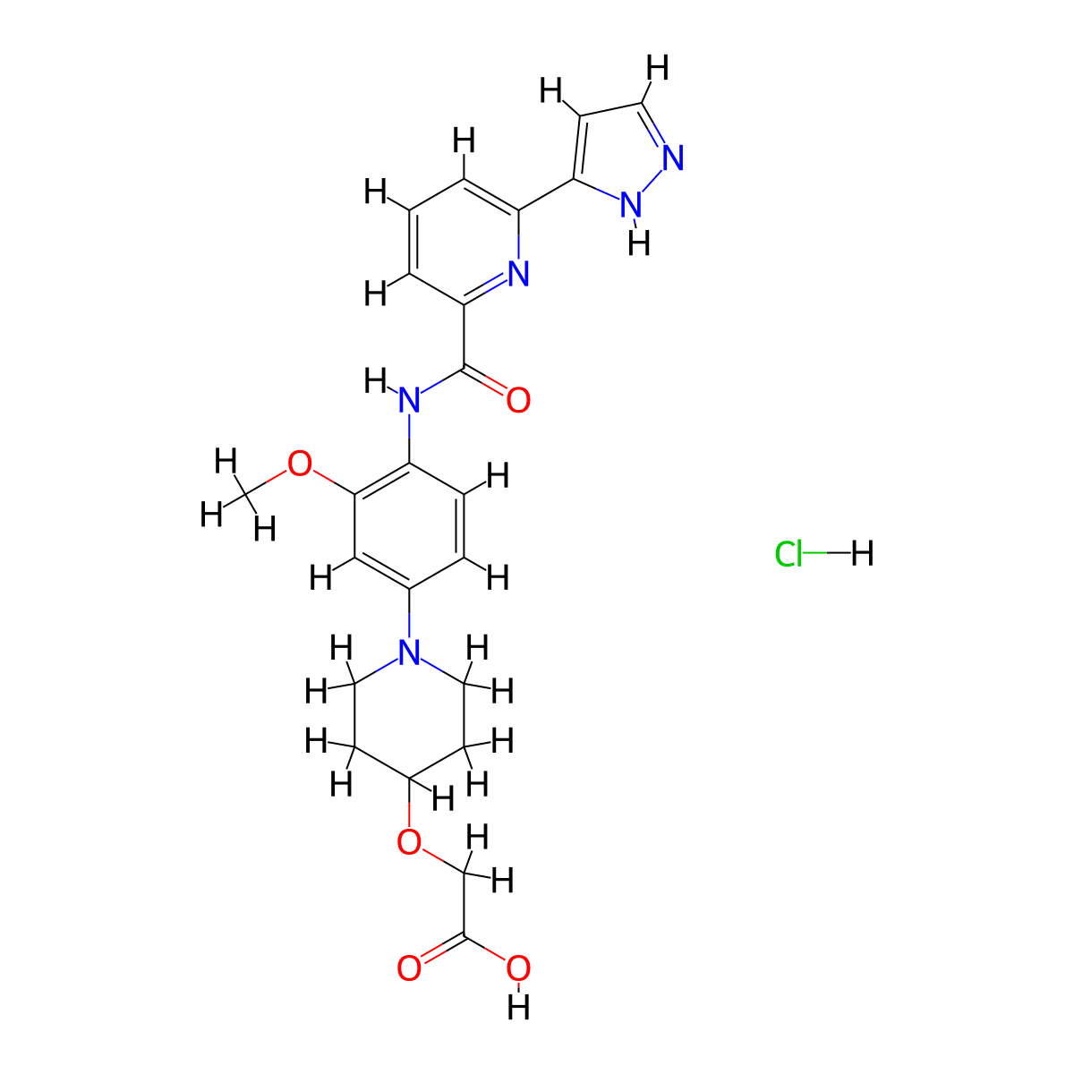 2-((1-(4-(6-(1H-Pyrazol-3-YL)picolinamido)-3-methoxyphenyl)piperidin-4-YL)oxy)acetic acid hydrochloride molecular structure, CAS 3010286-91-3