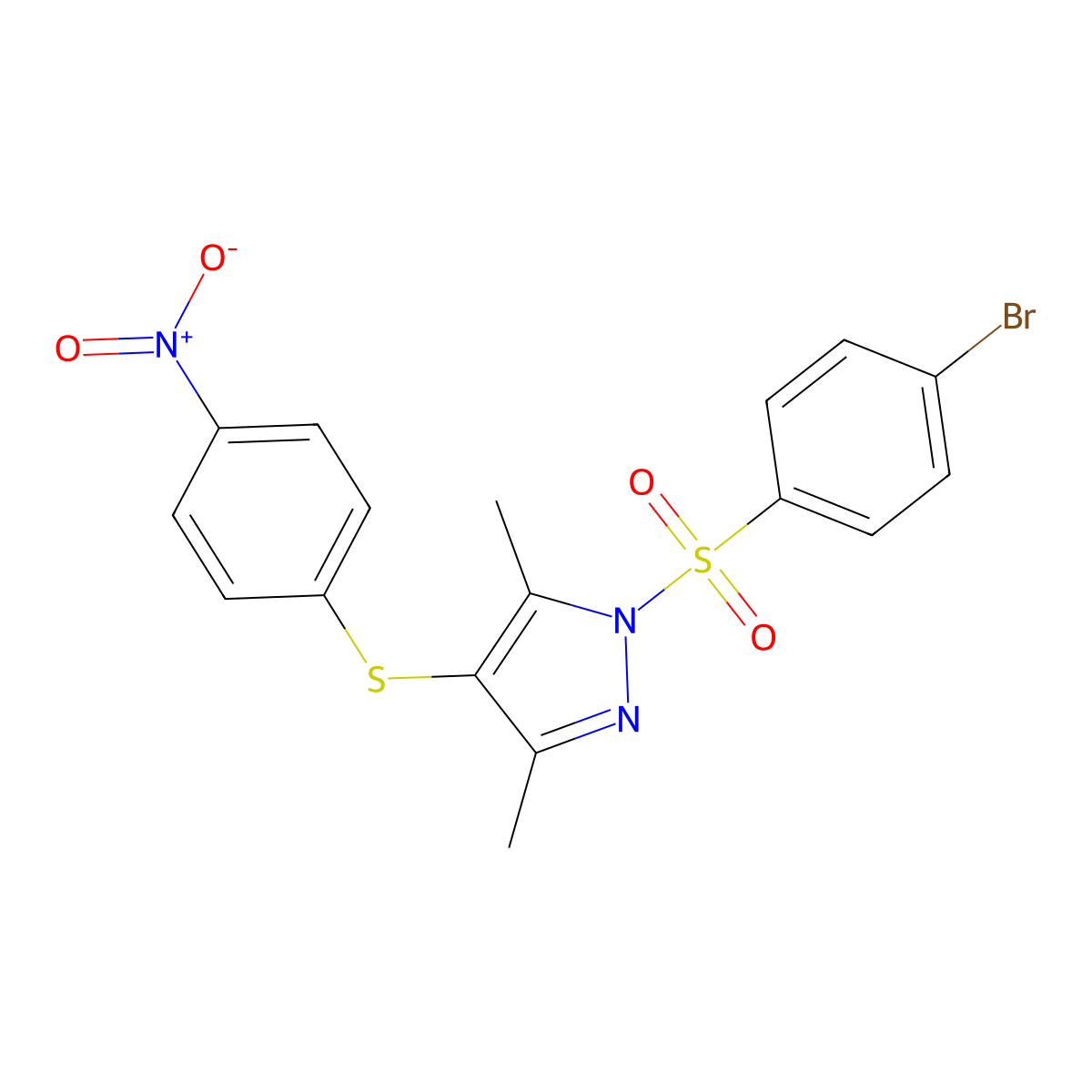 1-(4-Bromophenyl)sulfonyl-3,5-dimethyl-4-(4-nitrophenyl)sulfanylpyrazole molecular structure, CAS 301156-82-1
