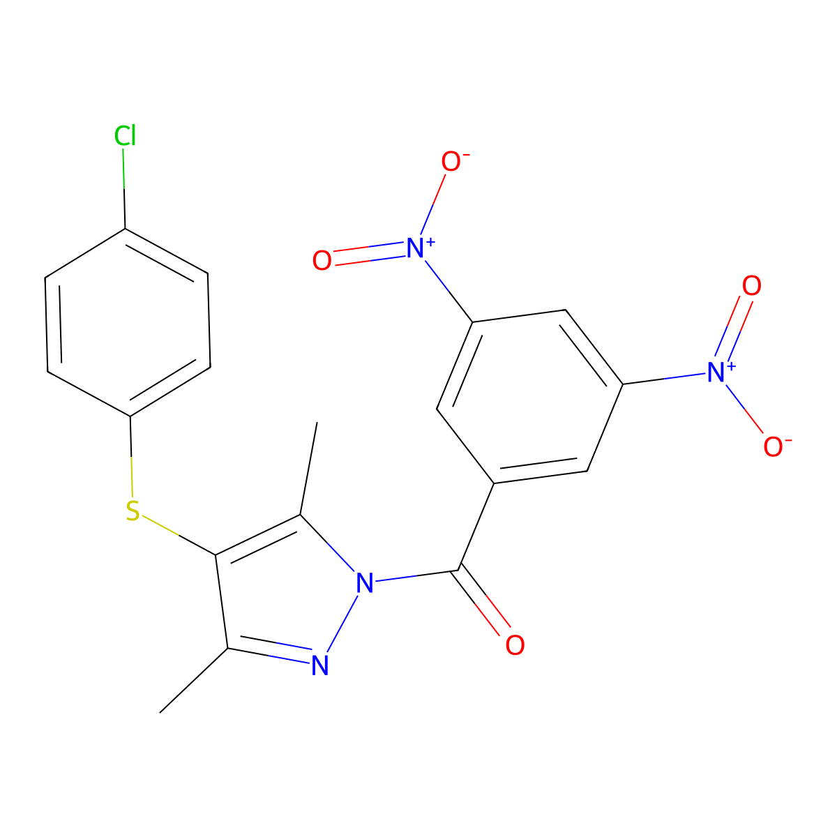 [4-(4-Chlorophenyl)sulfanyl-3,5-dimethylpyrazol-1-yl]-(3,5-dinitrophenyl)methanone molecular structure, CAS 301160-57-6