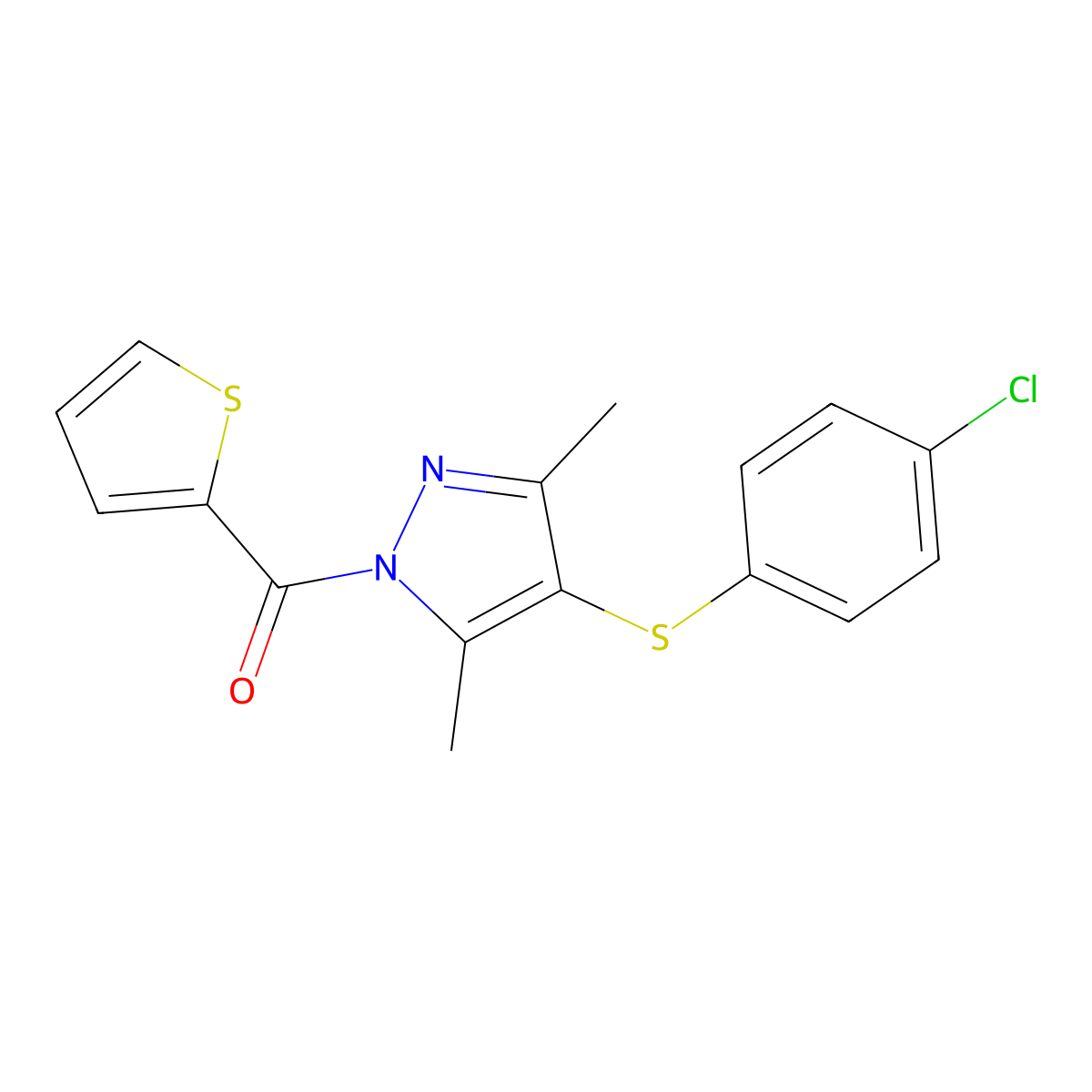[4-(4-Chlorophenyl)sulfanyl-3,5-dimethylpyrazol-1-yl]-thiophen-2-ylmethanone molecular structure, CAS 301160-59-8