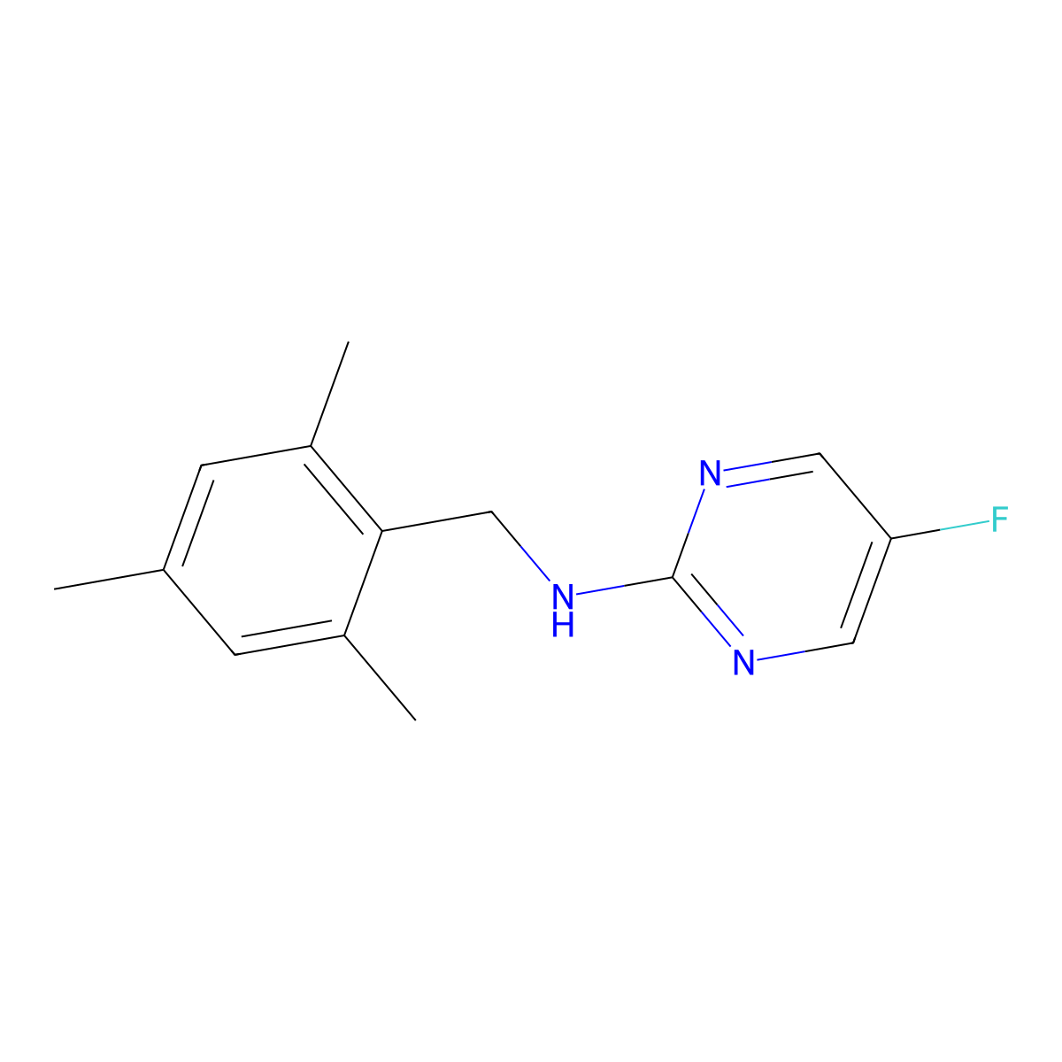 5-fluoro-N-[(2,4,6-trimethylphenyl)methyl]pyrimidin-2-amine molecular structure, CAS 3011637-90-1