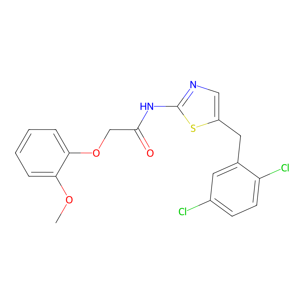N-[5-[(2,5-dichlorophenyl)methyl]-1,3-thiazol-2-yl]-2-(2-methoxyphenoxy)acetamide molecular structure, CAS 301176-49-8
