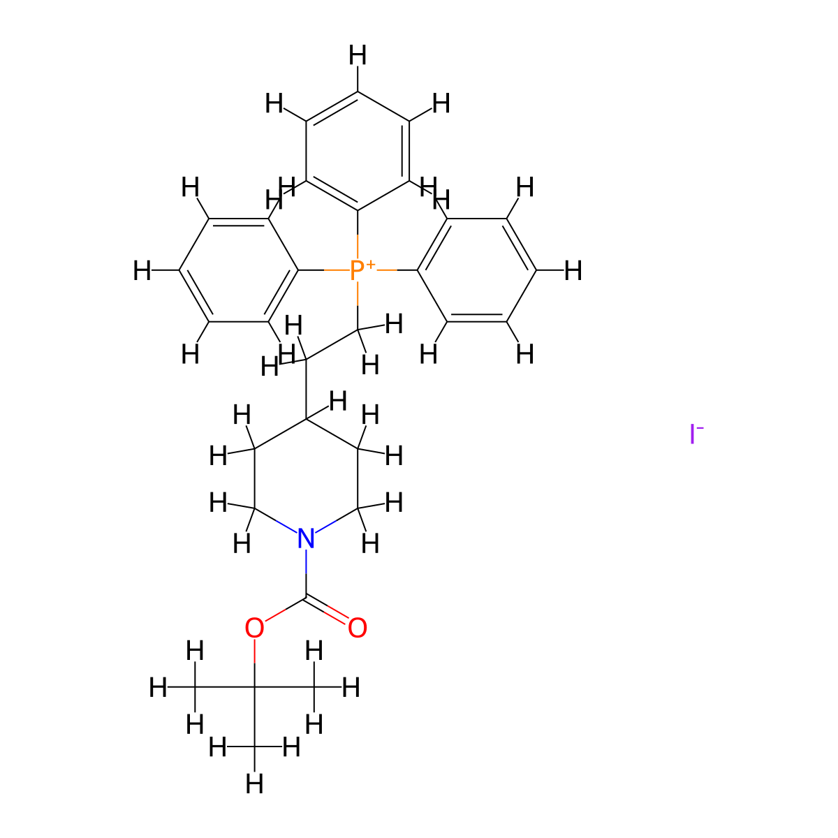 (2-(1-(tert-Butoxycarbonyl)piperidin-4-yl)ethyl)triphenylphosphonium iodide molecular structure, CAS 301185-71-7