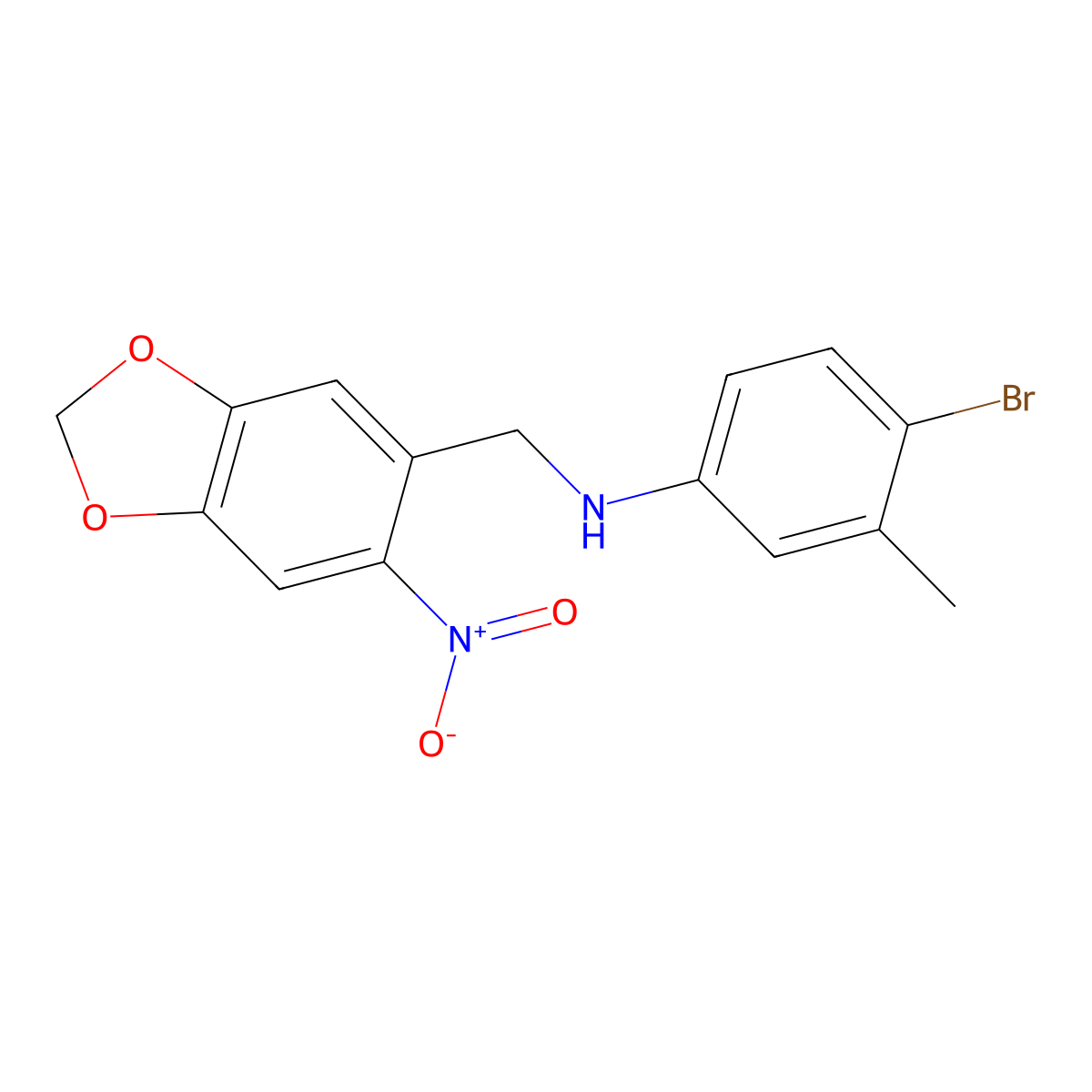 4-bromo-3-methyl-N-[(6-nitro-1,3-benzodioxol-5-yl)methyl]aniline molecular structure, CAS 301193-45-3