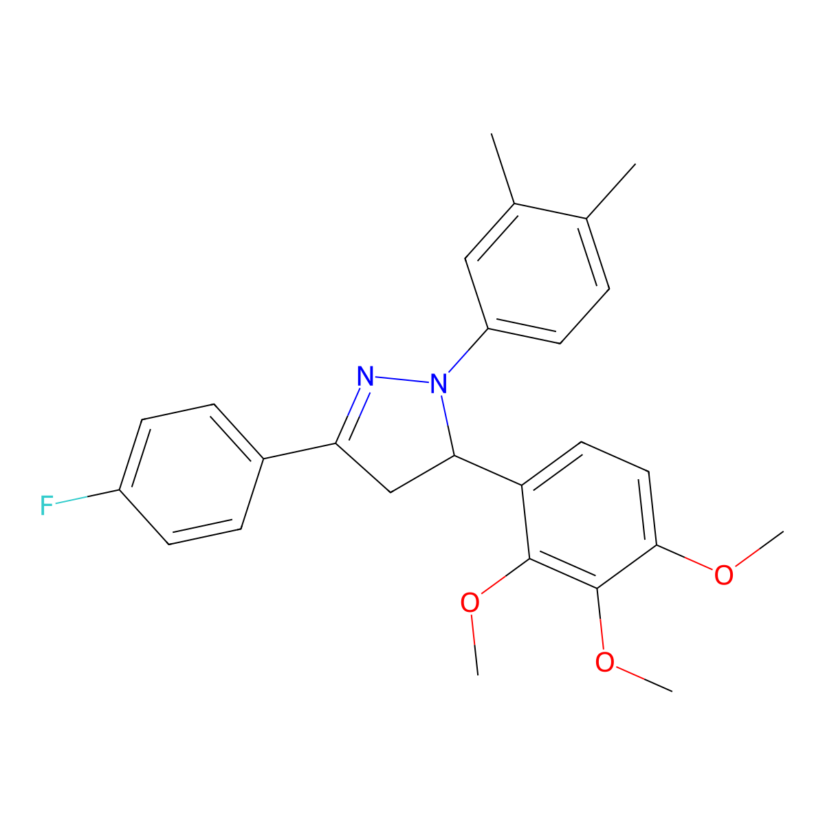 1-(3,4-dimethylphenyl)-3-(4-fluorophenyl)-5-(2,3,4-trimethoxyphenyl)-4,5-dihydro-1H-pyrazole molecular structure, CAS 301194-34-3