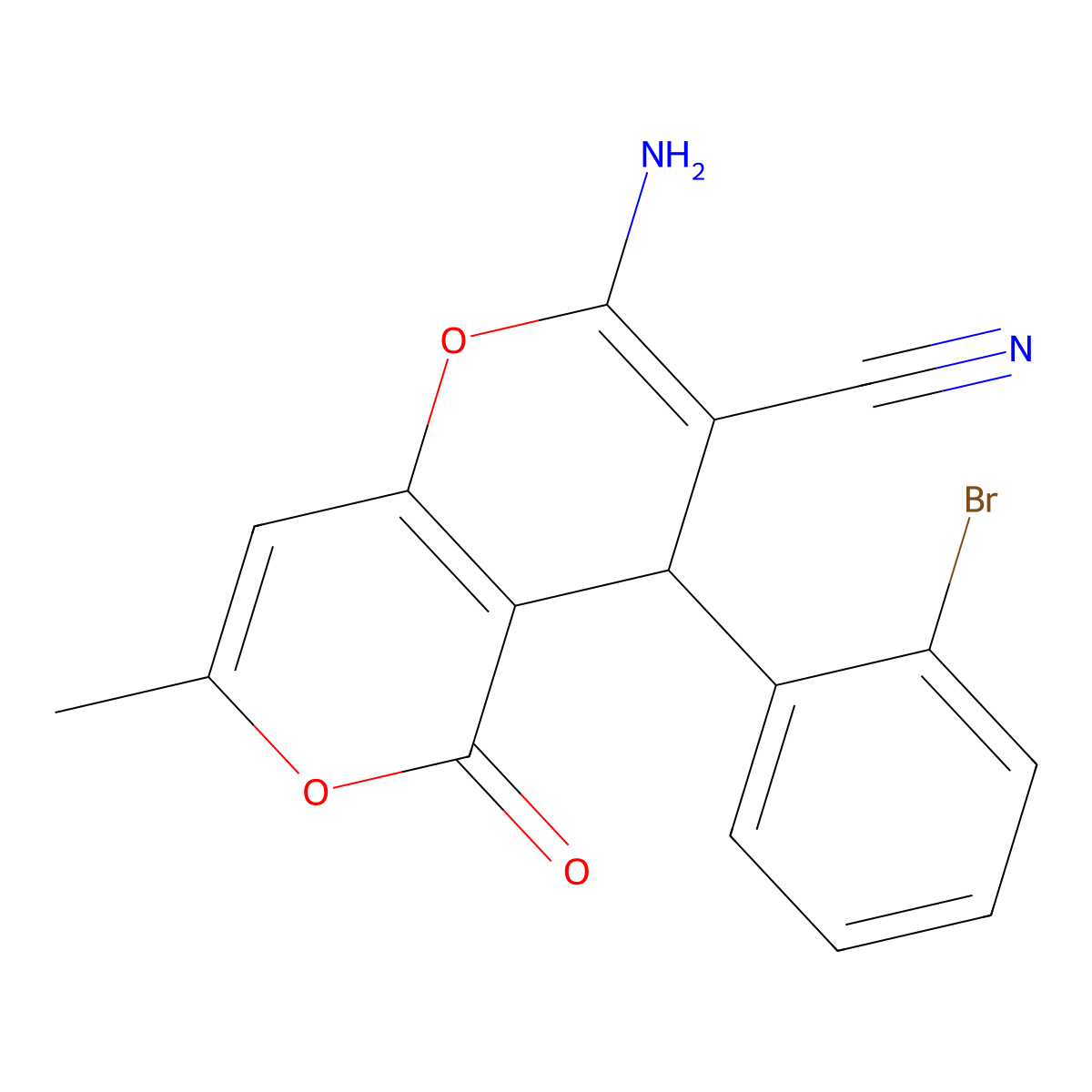 2-Amino-4-(2-bromophenyl)-7-methyl-5-oxo-4,5-dihydropyrano[4,3-b]pyran-3-carbonitrile molecular structure, CAS 301195-22-2