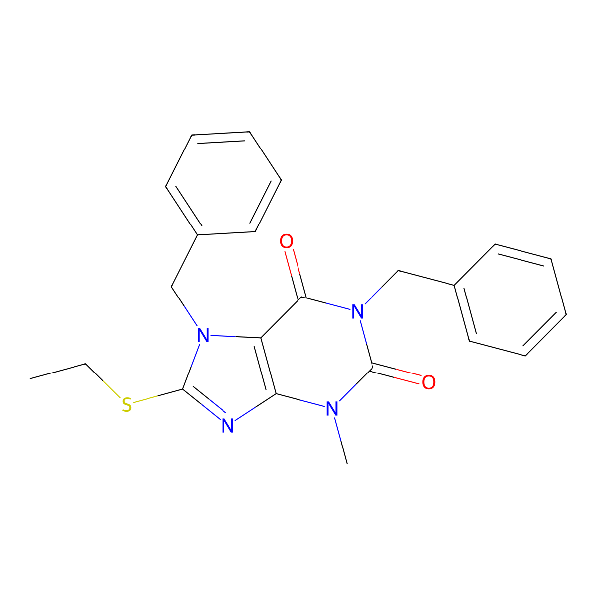 8-(ethylsulfanyl)-3-methyl-1,7-bis(phenylmethyl)-3,7-dihydro-1H-purine-2,6-dione molecular structure, CAS 301195-28-8