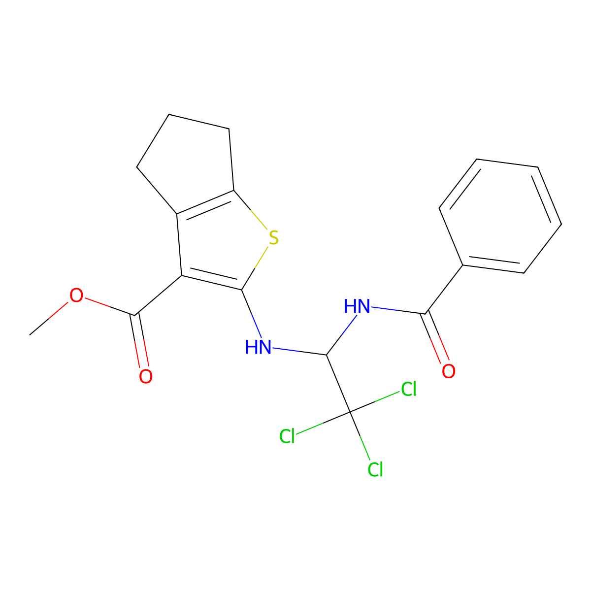 methyl 2-({2,2,2-trichloro-1-[(phenylcarbonyl)amino]ethyl}amino)-5,6-dihydro-4H-cyclopenta[b]thiophene-3-carboxylate molecular structure, CAS 301195-47-1