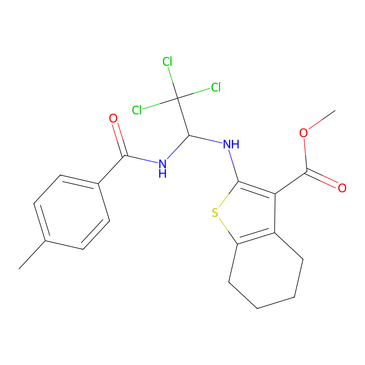 Methyl 2-[[2,2,2-trichloro-1-[(4-methylbenzoyl)amino]ethyl]amino]-4,5,6,7-tetrahydro-1-benzothiophene-3-carboxylate molecular structure, CAS 301195-92-6
