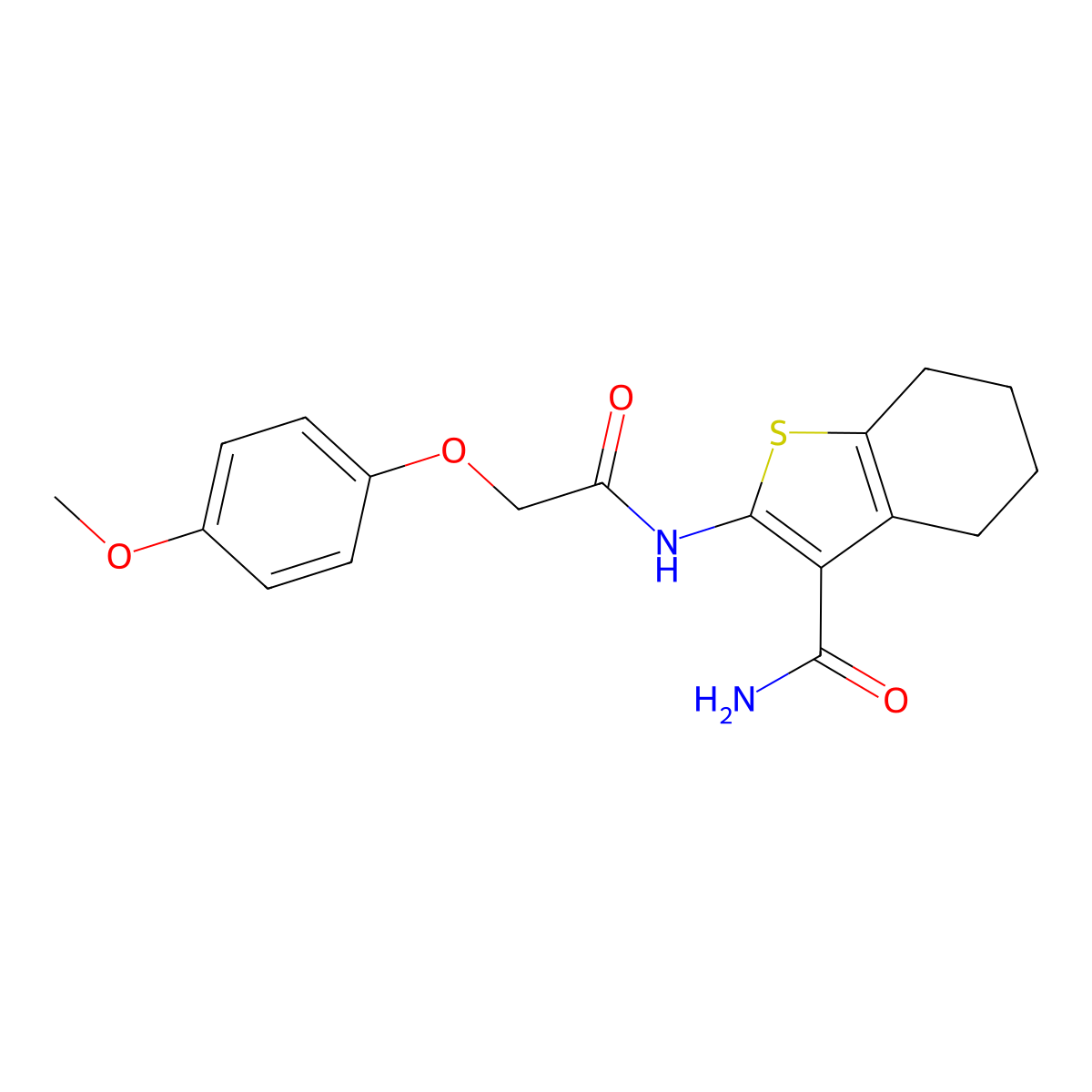 2-[2-(4-Methoxyphenoxy)acetamido]-4,5,6,7-tetrahydro-1-benzothiophene-3-carboxamide molecular structure, CAS 301224-31-7