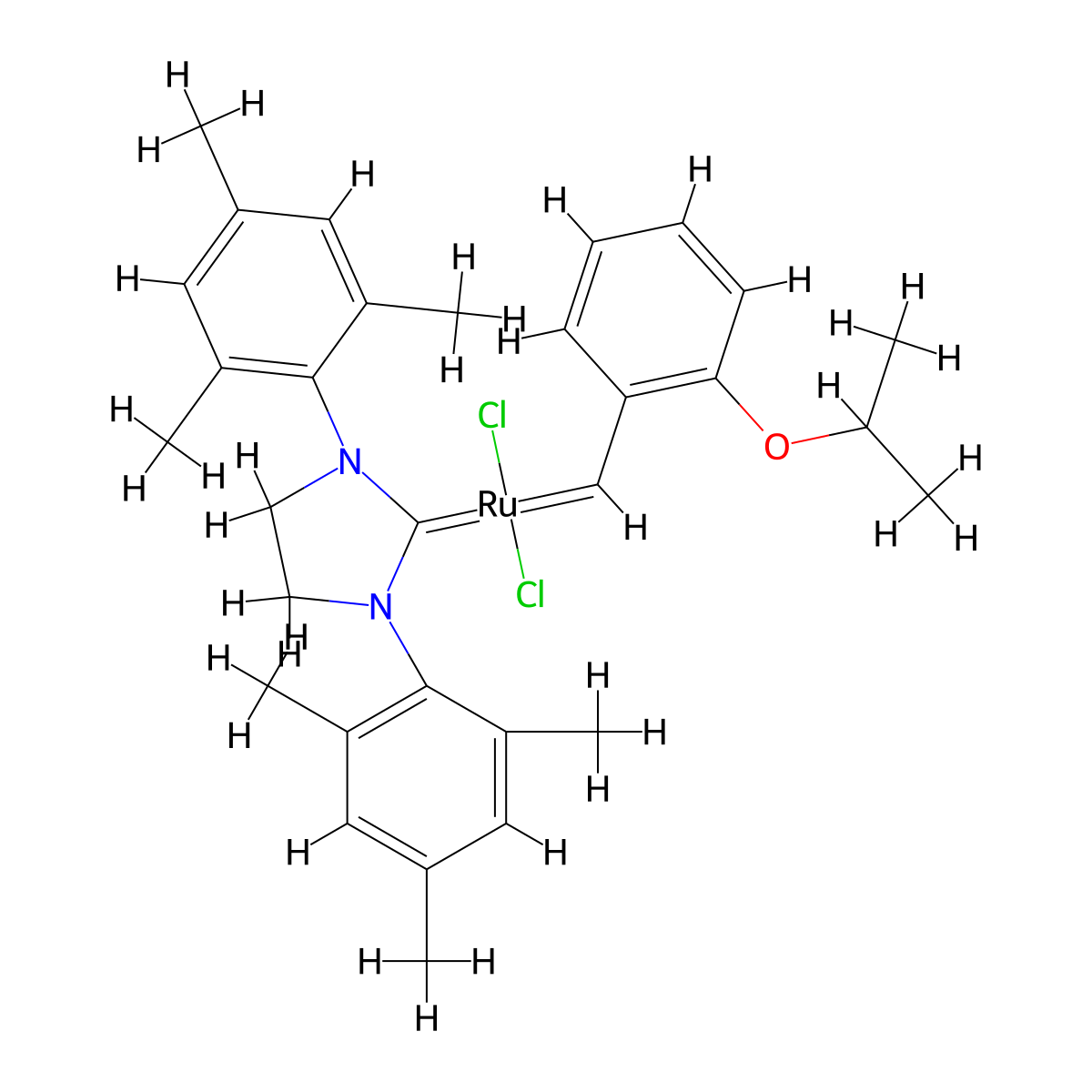 (1,3-Dimesitylimidazolidin-2-ylidene)(2-isopropoxybenzylidene)ruthenium(VI) chloride molecular structure, CAS 301224-40-8