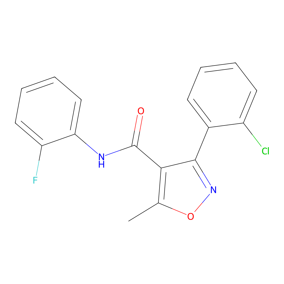 3-(2-chlorophenyl)-N-(2-fluorophenyl)-5-methyl-1,2-oxazole-4-carboxamide molecular structure, CAS 301227-25-8