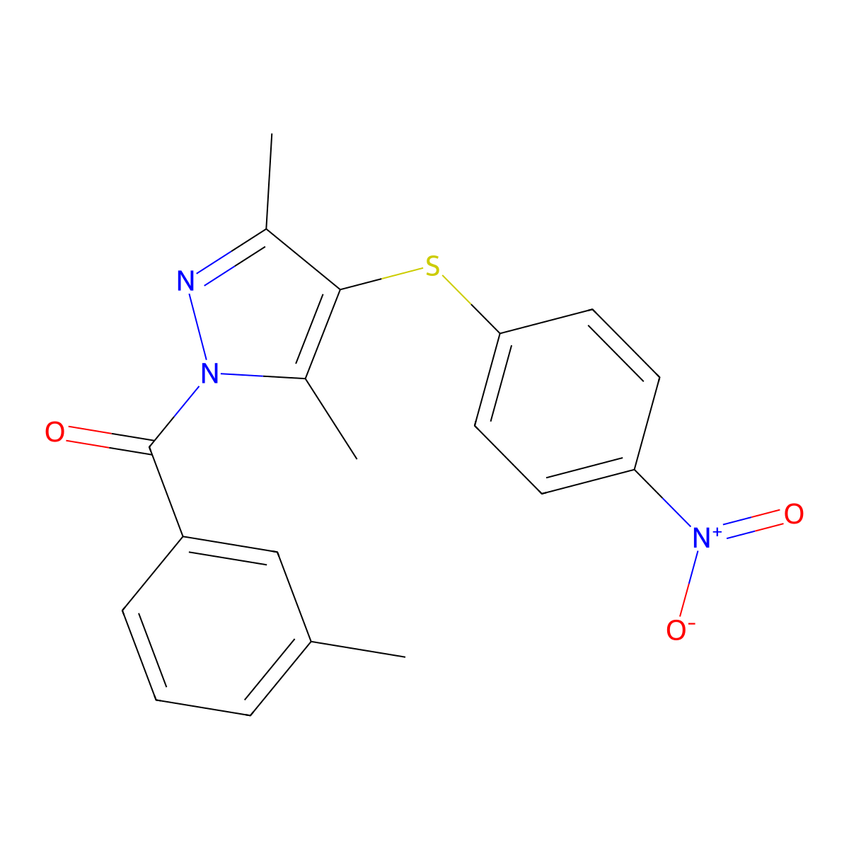 (3,5-dimethyl-4-((4-nitrophenyl)thio)-1H-pyrazol-1-yl)(m-tolyl)methanone molecular structure, CAS 301236-12-4