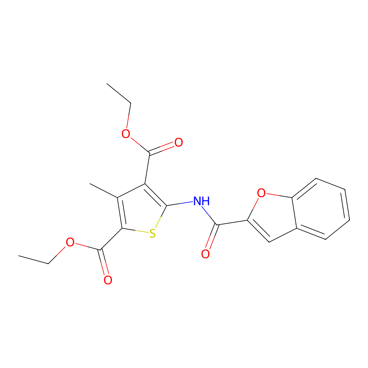 Diethyl 5-[(1-benzofuran-2-ylcarbonyl)amino]-3-methylthiophene-2,4-dicarboxylate molecular structure, CAS 301304-89-2
