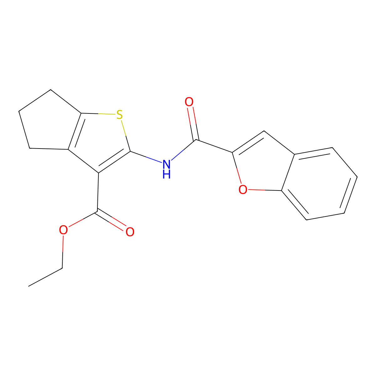 ethyl 2-[(1-benzofuran-2-ylcarbonyl)amino]-5,6-dihydro-4H-cyclopenta[b]thiophene-3-carboxylate molecular structure, CAS 301304-90-5