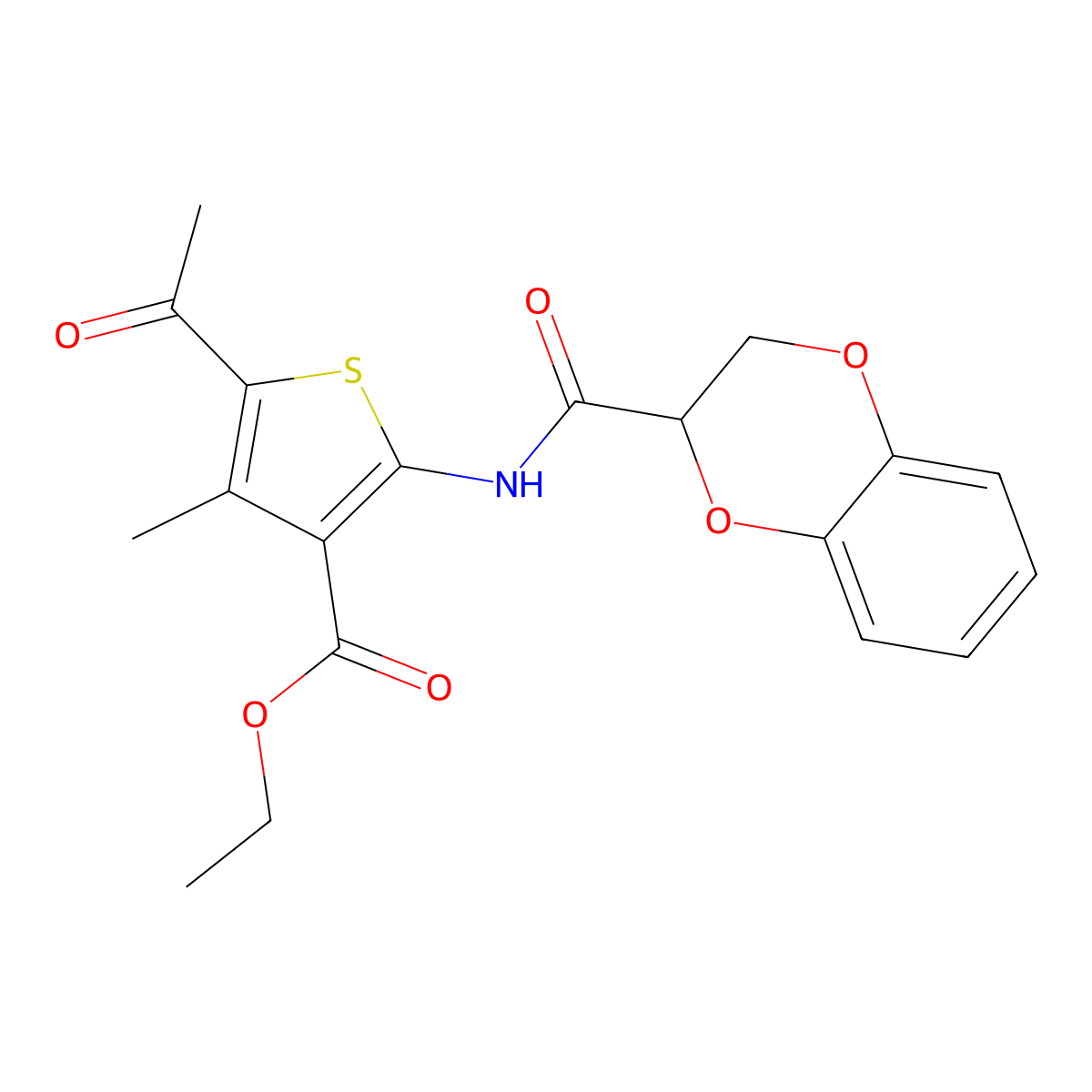 Ethyl 5-acetyl-2-[(2,3-dihydro-1,4-benzodioxin-2-ylcarbonyl)amino]-4-methylthiophene-3-carboxylate molecular structure, CAS 301304-94-9