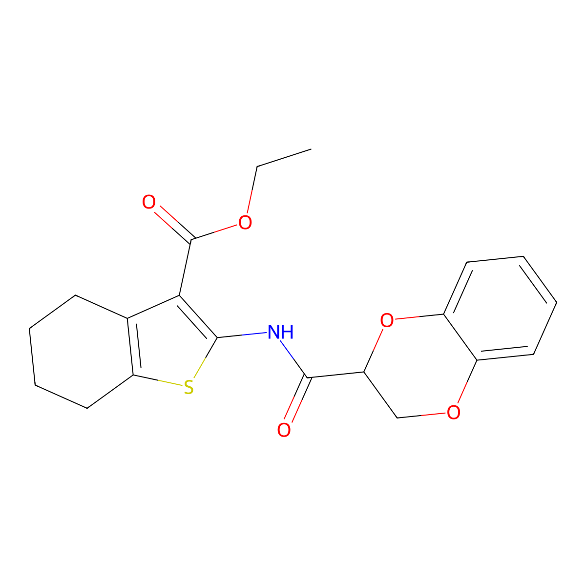 Ethyl 2-[(2,3-dihydro-1,4-benzodioxin-2-ylcarbonyl)amino]-4,5,6,7-tetrahydro-1-benzothiophene-3-carboxylate molecular structure, CAS 301304-96-1