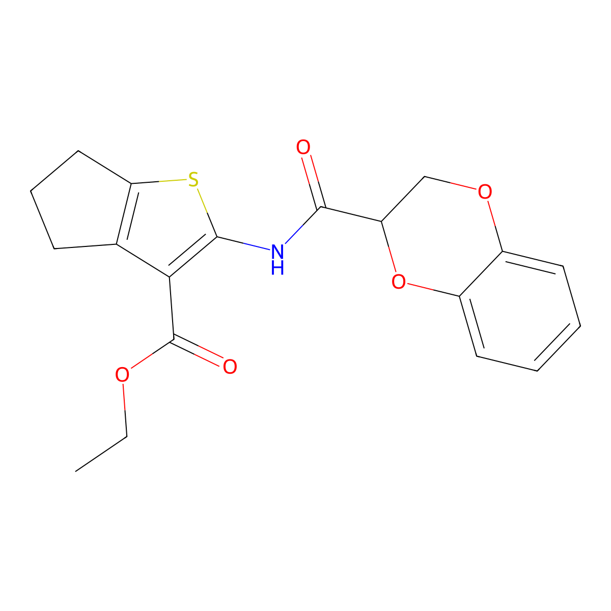 ethyl 2-(2,3-dihydro-1,4-benzodioxine-3-carbonylamino)-5,6-dihydro-4H-cyclopenta[b]thiophene-3-carboxylate molecular structure, CAS 301304-97-2