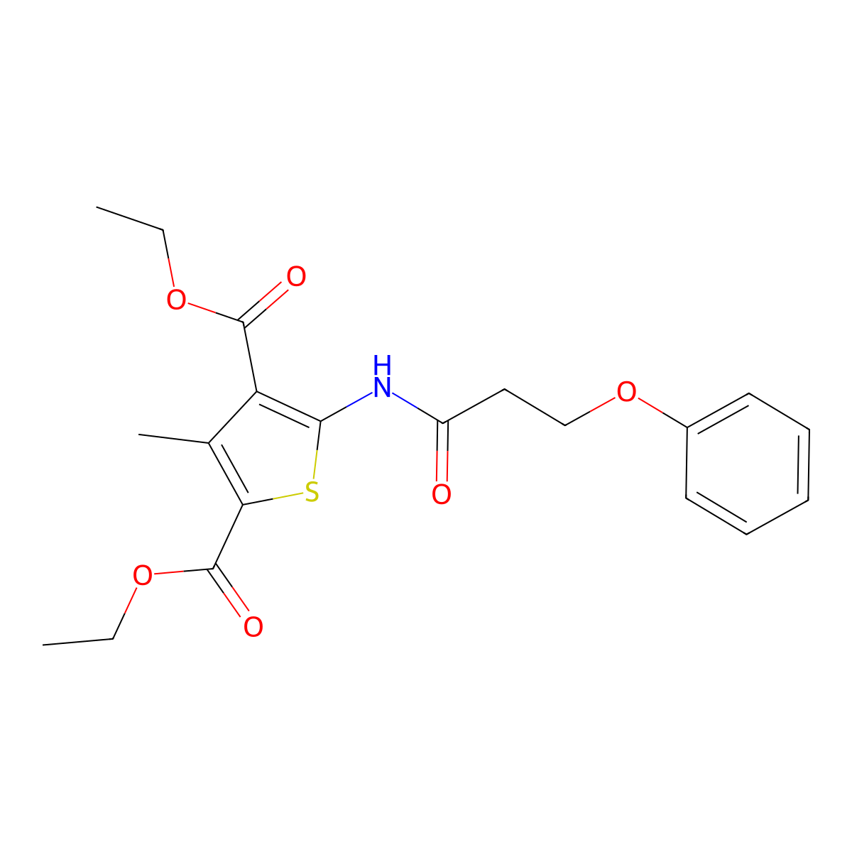 Diethyl 3-methyl-5-(3-phenoxypropanoylamino)thiophene-2,4-dicarboxylate molecular structure, CAS 301305-03-3