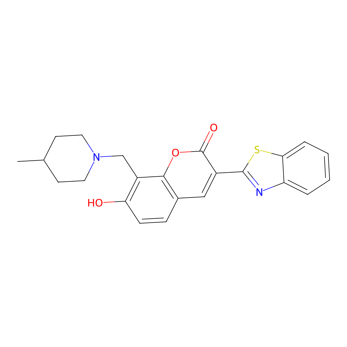 3-(benzo[d]thiazol-2-yl)-7-hydroxy-8-((4-methylpiperidin-1-yl)methyl)-2H-chromen-2-one molecular structure, CAS 301308-72-5