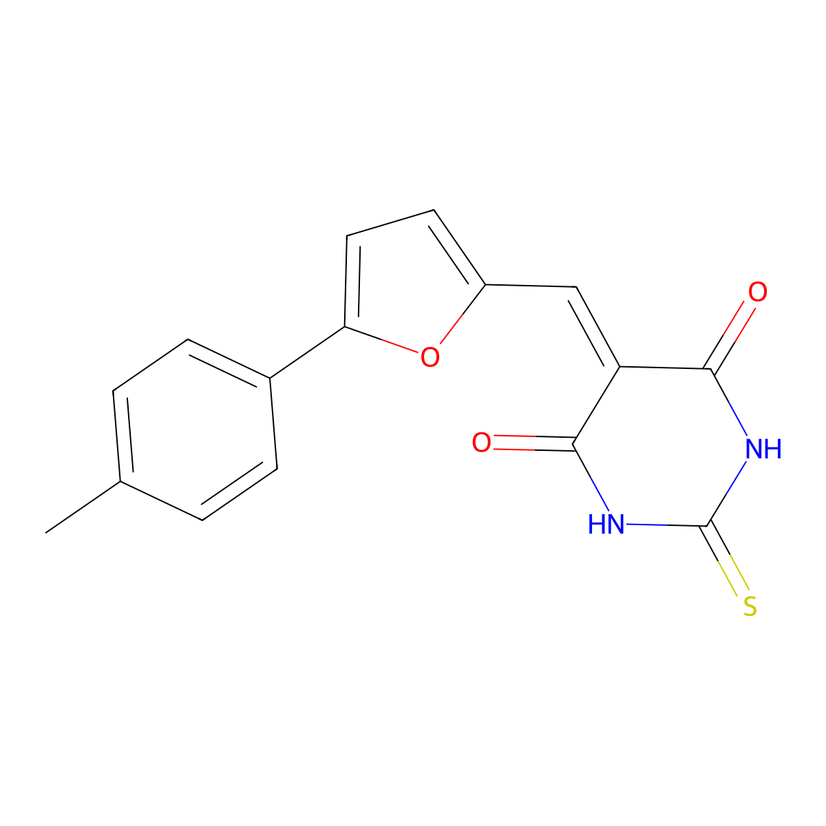 2-Thioxo-5-(5-p-tolyl-furan-2-ylmethylene)-dihydro-pyrimidine-4,6-dione molecular structure, CAS 301312-51-6