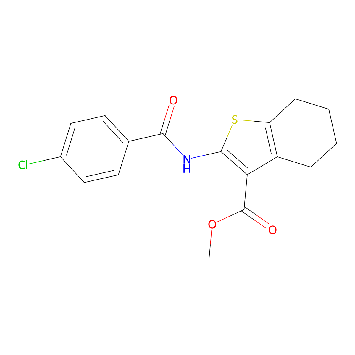 Methyl 2-((4-chlorobenzoyl)amino)-4,5,6,7-tetrahydrobenzo(b)thiophene-3-carboxylate molecular structure, CAS 301319-86-8