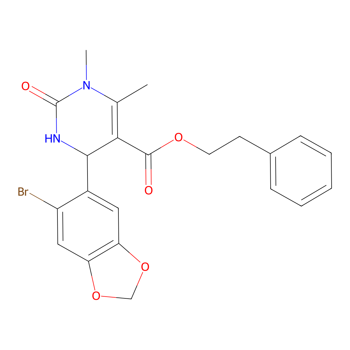 2-Phenylethyl 4-(6-bromo-1,3-benzodioxol-5-yl)-1,6-dimethyl-2-oxo-1,2,3,4-tetrahydropyrimidine-5-carboxylate molecular structure, CAS 301321-33-5