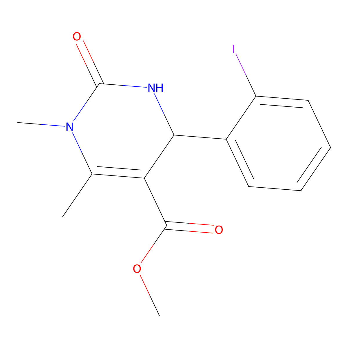 Methyl 4-(2-iodophenyl)-1,6-dimethyl-2-oxo-1,2,3,4-tetrahydro-5-pyrimidinecarboxylate molecular structure, CAS 301321-50-6