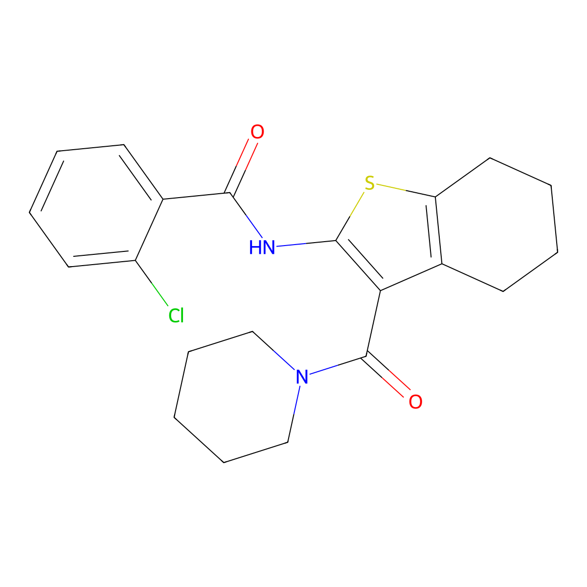 2-chloro-N-[3-(1-piperidinylcarbonyl)-4,5,6,7-tetrahydro-1-benzothien-2-yl]benzamide molecular structure, CAS 301321-80-2