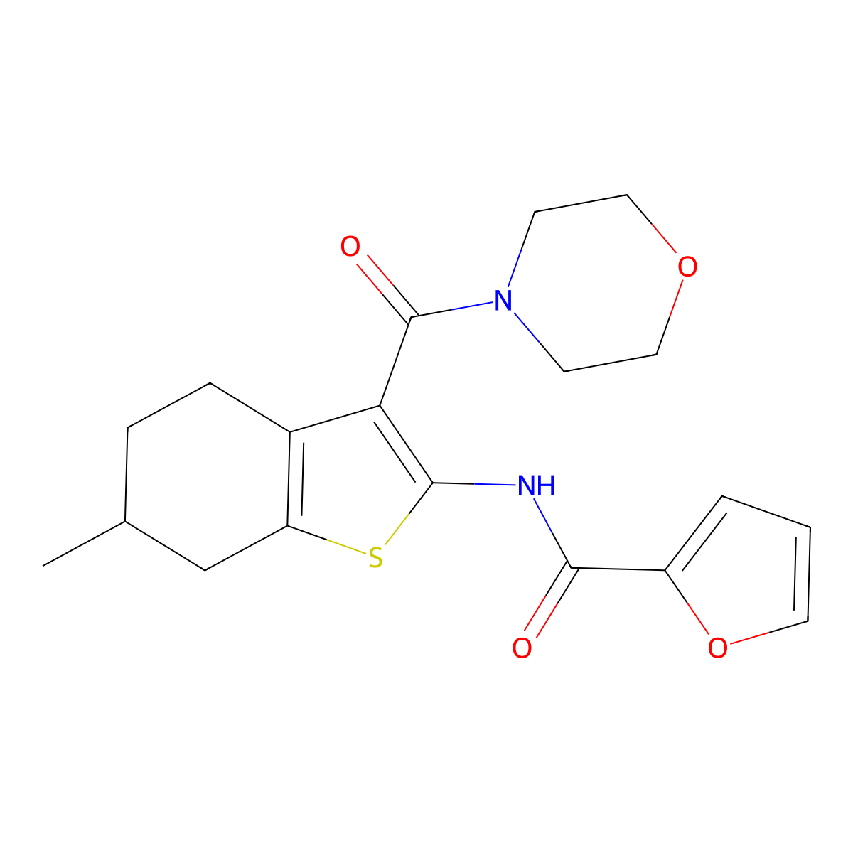 N-[6-methyl-3-(morpholin-4-ylcarbonyl)-4,5,6,7-tetrahydro-1-benzothiophen-2-yl]furan-2-carboxamide molecular structure, CAS 301321-89-1