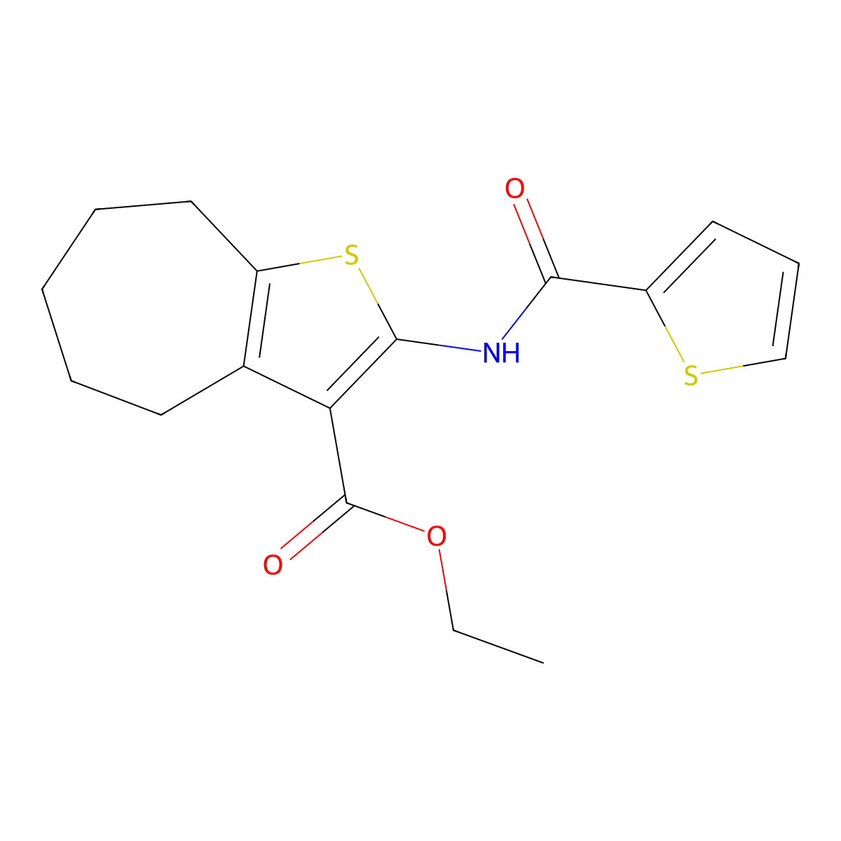 ethyl 2-(thiophene-2-carbonylamino)-5,6,7,8-tetrahydro-4H-cyclohepta[b]thiophene-3-carboxylate molecular structure, CAS 301322-15-6