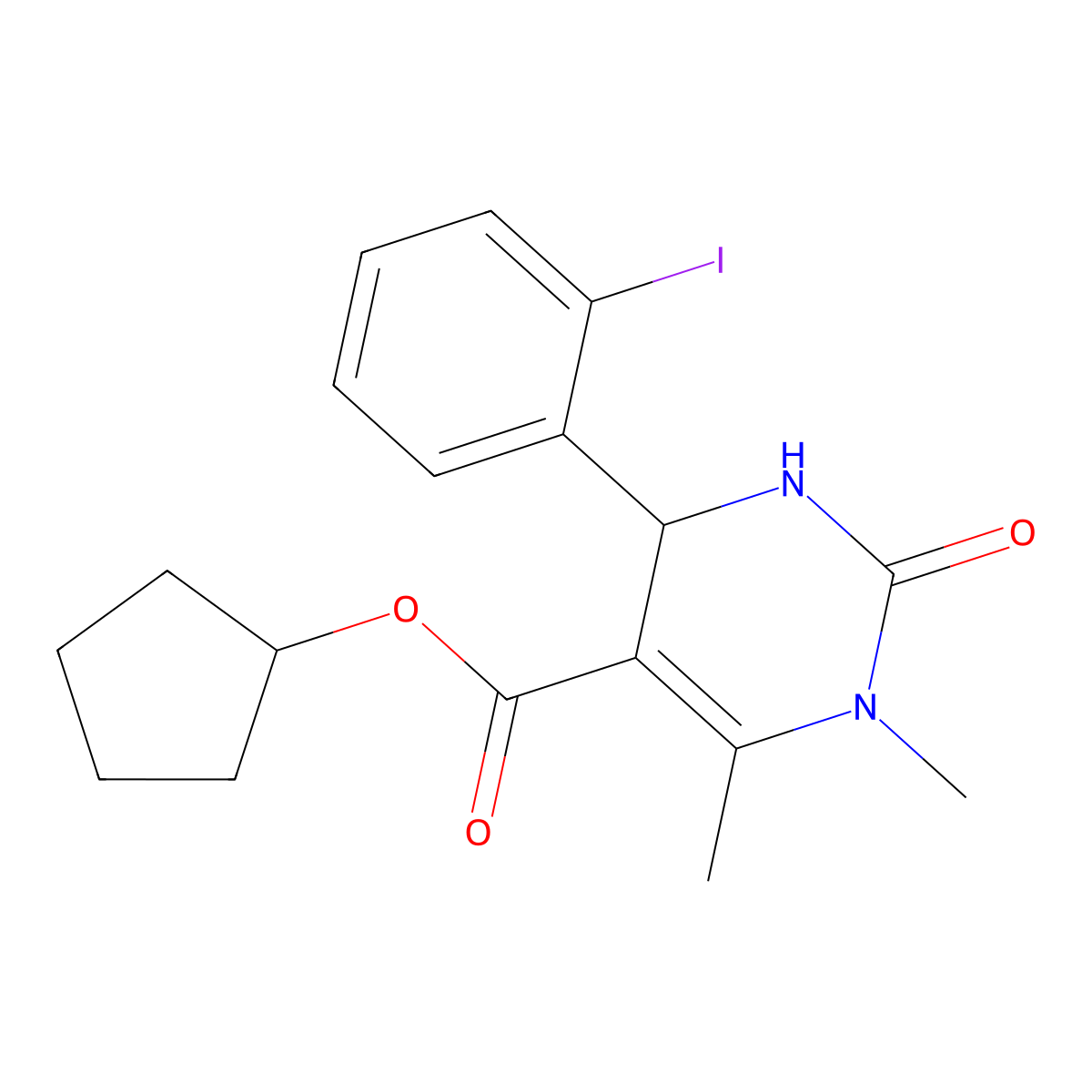 Cyclopentyl 4-(2-iodophenyl)-1,6-dimethyl-2-oxo-1,2,3,4-tetrahydropyrimidine-5-carboxylate molecular structure, CAS 301322-90-7