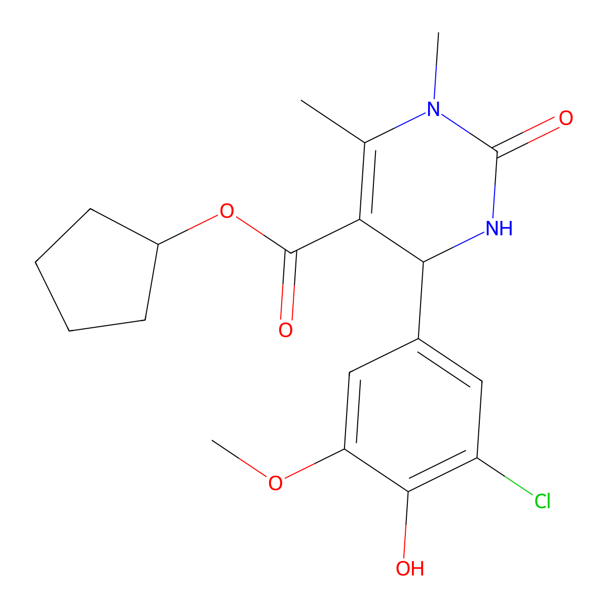 Cyclopentyl 4-(3-chloro-4-hydroxy-5-methoxyphenyl)-1,6-dimethyl-2-oxo-1,2,3,4-tetrahydropyrimidine-5-carboxylate molecular structure, CAS 301323-08-0