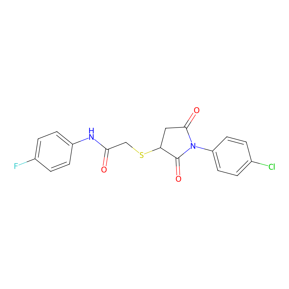 2-{[1-(4-chlorophenyl)-2,5-dioxopyrrolidin-3-yl]sulfanyl}-N-(4-fluorophenyl)acetamide molecular structure, CAS 301325-82-6